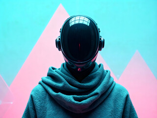 Futuristic Portrait of Person in Reflective Helmet on Cyan-Pink Gradient Background