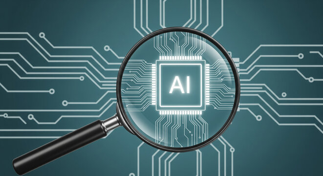 A magnifying glass focusing on an ai chip on a circuit board against a teal colored background