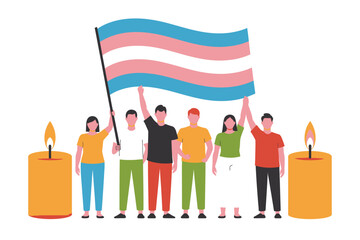 People holding a transgender pride flag amidst vigil candles.