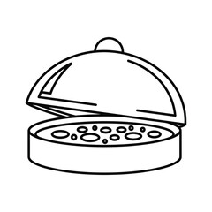 Line art illustration of a food cloche with a partially open lid, revealing a serving dish of small ingredients