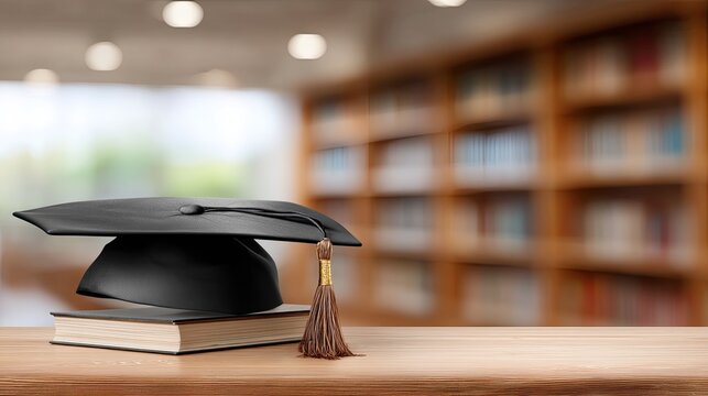 A graduation cap placed on a book sits on a wooden table in a warm library filled with shelves of books and soft lights - Powered by Adobe