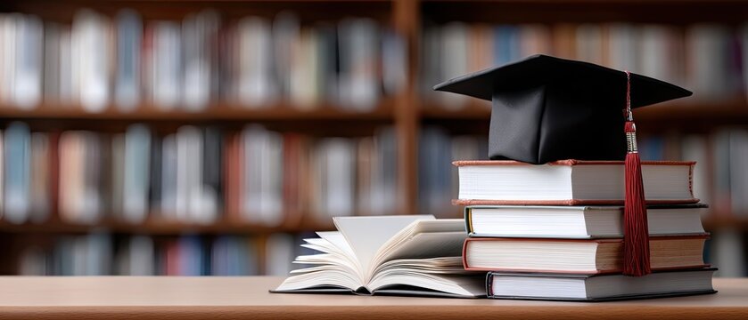 A graduation cap placed on a book sits on a wooden table in a warm library filled with shelves of books and soft lights