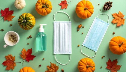 Autumnal safety - Face masks, pumpkins, and hand sanitizer on green background.