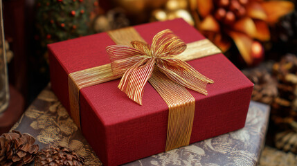 Close-up of a festive red gift box with a detailed golden ribbon, set in a warm Christmas ambiance ideal for seasonal campaigns and holiday product displays
