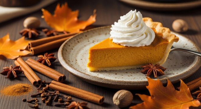 Slice of pumpkin pie with whipped cream and autumn spices 2