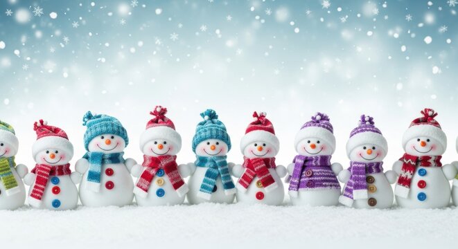 Row of festive snowman decorations isolated on white background - Powered by Adobe