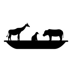 Silhouette of a Giraffe, Penguin, and Hippo in a Boat on White