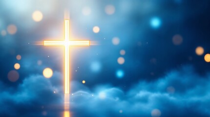Glowing golden cross on a dark blue background. Christian symbol of faith, hope, and salvation. Spiritual religious concept with copy space