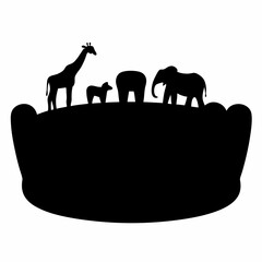 Monochrome silhouette illustration of animals on an outcropping of land, a small plateau