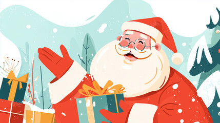 Charming Santa illustration with a gift in hand, framed by a snowy winter environment, ideal for Christmas marketing materials and festive creative work