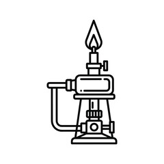 Bunsen burner with lit flame outline icon illustration, representing laboratory science, chemistry, and research equipment