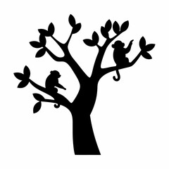 Black silhouette of tree with monkeys on branches against a white background