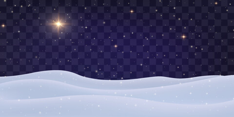 Vector Christmas night png. Night snowdrifts with stary sky on transparent background. Snow night landscape stars, frozen hills with snowbanks texture.