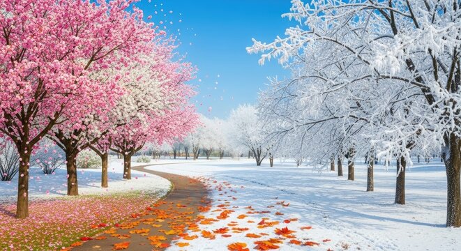 Spring cherry blossoms meet winter snow on park path