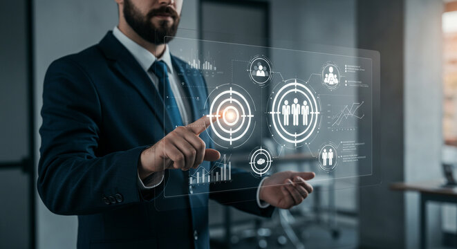 Professional businessman interacting with futuristic holographic interface displaying data and analytics for strategic business decisions