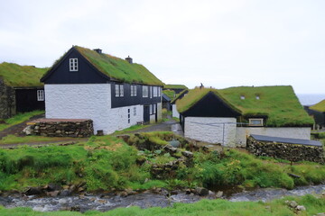 Beautiful village of Mykines with colorful houses with grass on the roofs, Mykines Island, Faroe Islands, Europe