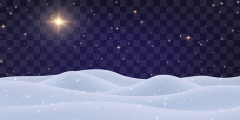 Vector Christmas night png. Night snowdrifts with stary sky on transparent background. Snow night landscape stars, frozen hills with snowbanks texture.