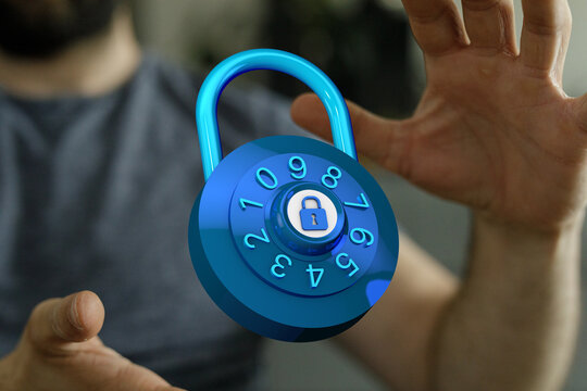 Image of a blue padlock with a combination dial against a blurred background, representing security and protect