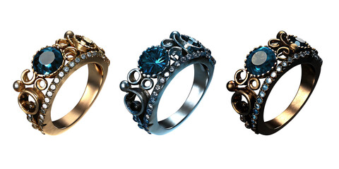 Three Ornate Gemstone Rings in Different Metal Finishes jewelry diamond isolated on a transparent background
