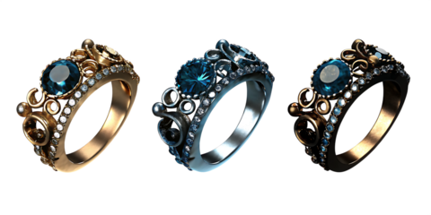 Three Ornate Gemstone Rings in Different Metal Finishes jewelry diamond isolated on a transparent background