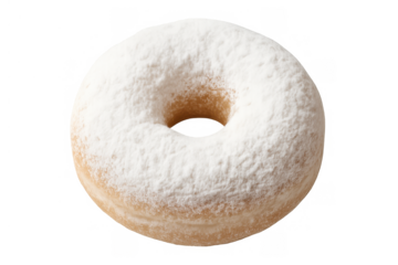 Powdery classic donut, a sweet fried dough pastry with a central hole, creating a delicious snack or dessert, isolated on transparent background
