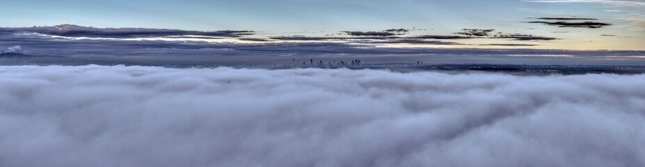 Frankfurt skyline floating above rising evening fog