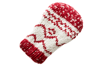 Knitted Christmas mitten with red and white pattern isolated on transparent background 