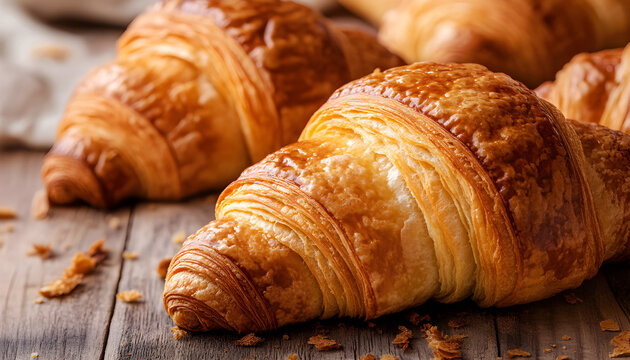 Fresh croissants, bread arranged on rustic wooden table. Warm golden hues highlight baked goods texture. Image represents morning breakfast bakery products