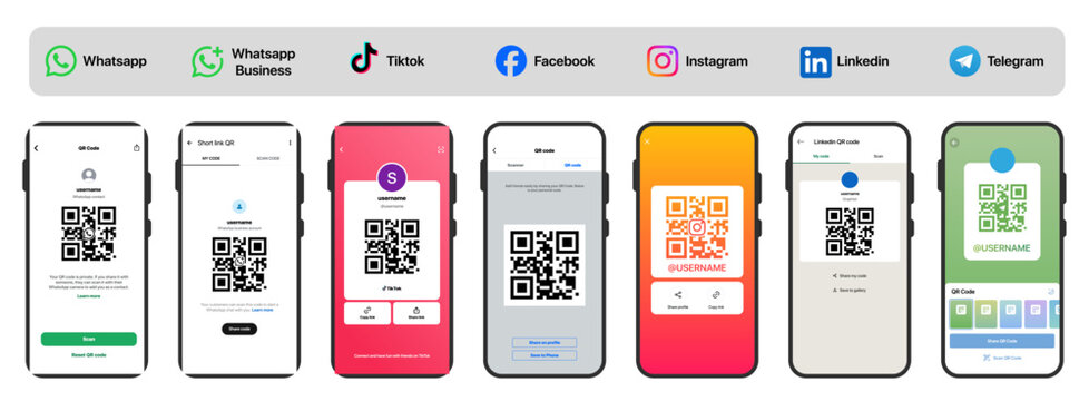 WhatsApp multi app QR Code scan layout showing WhatsApp Business TikTok Facebook Instagram LinkedIn profile access tools messages contacts and full interface elements in a modern vector illustration