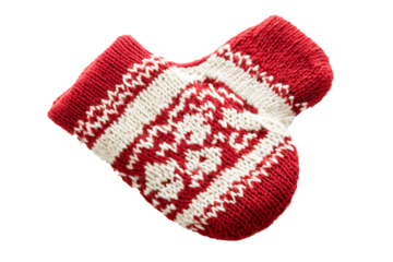 Knitted Christmas mitten with red and white pattern isolated on transparent background 