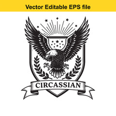 Circassian eagle emblem with outstretched wings, laurel branches, and stars, isolated on