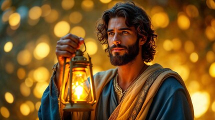 Joseph in historical robes holding a glowing lantern at night. Spiritual character representing hope and guidance. Portrait with warm golden light and bokeh background