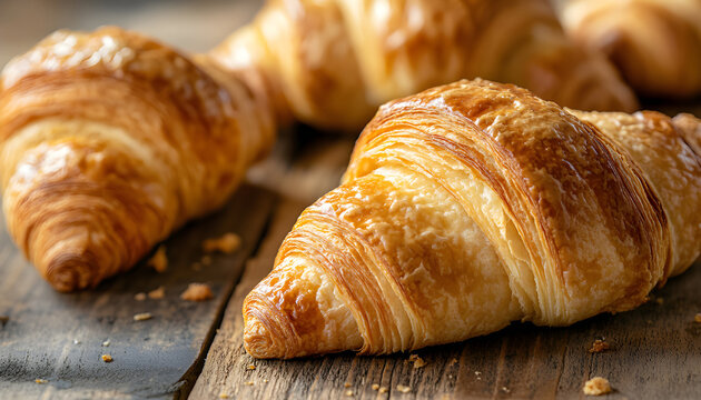 Fresh croissants, bread arranged on rustic wooden table. Warm golden hues highlight baked goods texture. Image represents morning breakfast bakery products