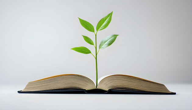 Green plant sprouts from open book. Symbolizes education growth knowledge learning development inspiration success
