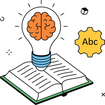 Online learning with brain lightbulb book and gear isometric flat vector illustration
