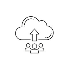Black outline icon of three users uploading data to a cloud server, representing team collaboration.