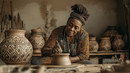 African woman pottery maker artisan in studio