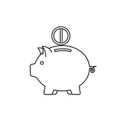Black outline piggy bank with a coin on top, a simple line art illustration of a classic savings symbol.