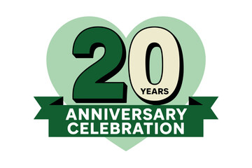 A green heart shape with the number 20 and the text '20 YEARS ANNIVERSARY CELEBRATION' on a ribbon symbolizes a milestone event.