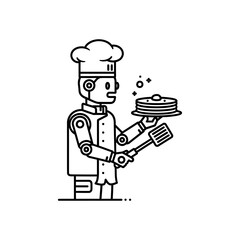 Cartoon Robot Chef Holding Stack of Pancakes and Spatula.