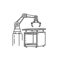 Industrial robotic arm with a claw gripper assembling a cabinet, minimalist line art illustration.