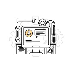 Illustrated Computer Monitor with Tools, Representing Online Support and Repair.