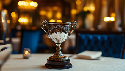 Elegant silver trophy rests on wooden table in refined restaurant. Background shows dining tables set for upscale celebration, award ceremony, culinary recognition, or fine dining excellence