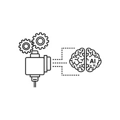 Machine Learning Concept - Gears, Mechanism, and Brain with AI Text, Outline Style.