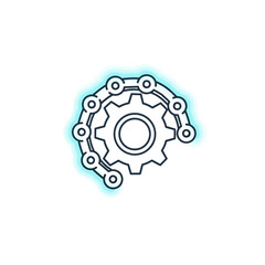 Minimalist black outline icon of a mechanical gear and chain system, symbolizing connection, industry, and power transmission.