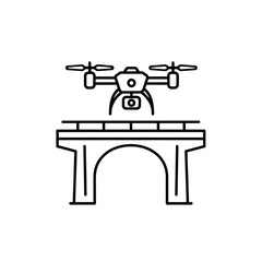 Minimalist line art icon of a drone with camera flying above an arched bridge.