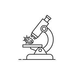 Minimalist black outline microscope observing a detailed microbe on its stage.