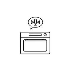 Minimalist line art icon of a smart oven with voice command control functionality.