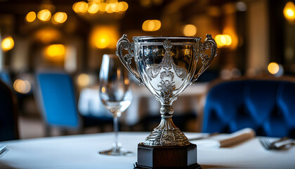 Elegant silver trophy rests on wooden table in refined restaurant. Background shows dining tables set for upscale celebration, award ceremony, culinary recognition, or fine dining excellence