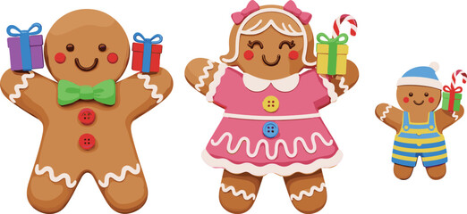 Cute gingerbread family holding Christmas gifts and candy canes, festive holiday illustration perfect for greeting cards, winter decorations, seasonal designs, and celebrations
